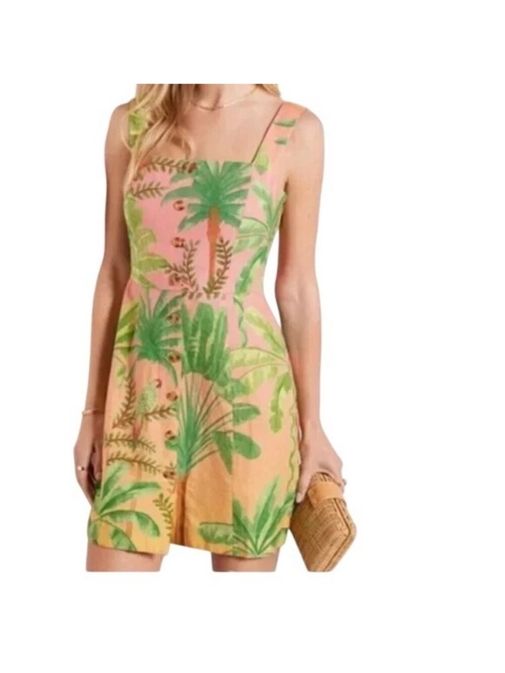 Farm Rio Sunrise Tropical Palm Print Sleeveless Mini Dress - Pink & Green